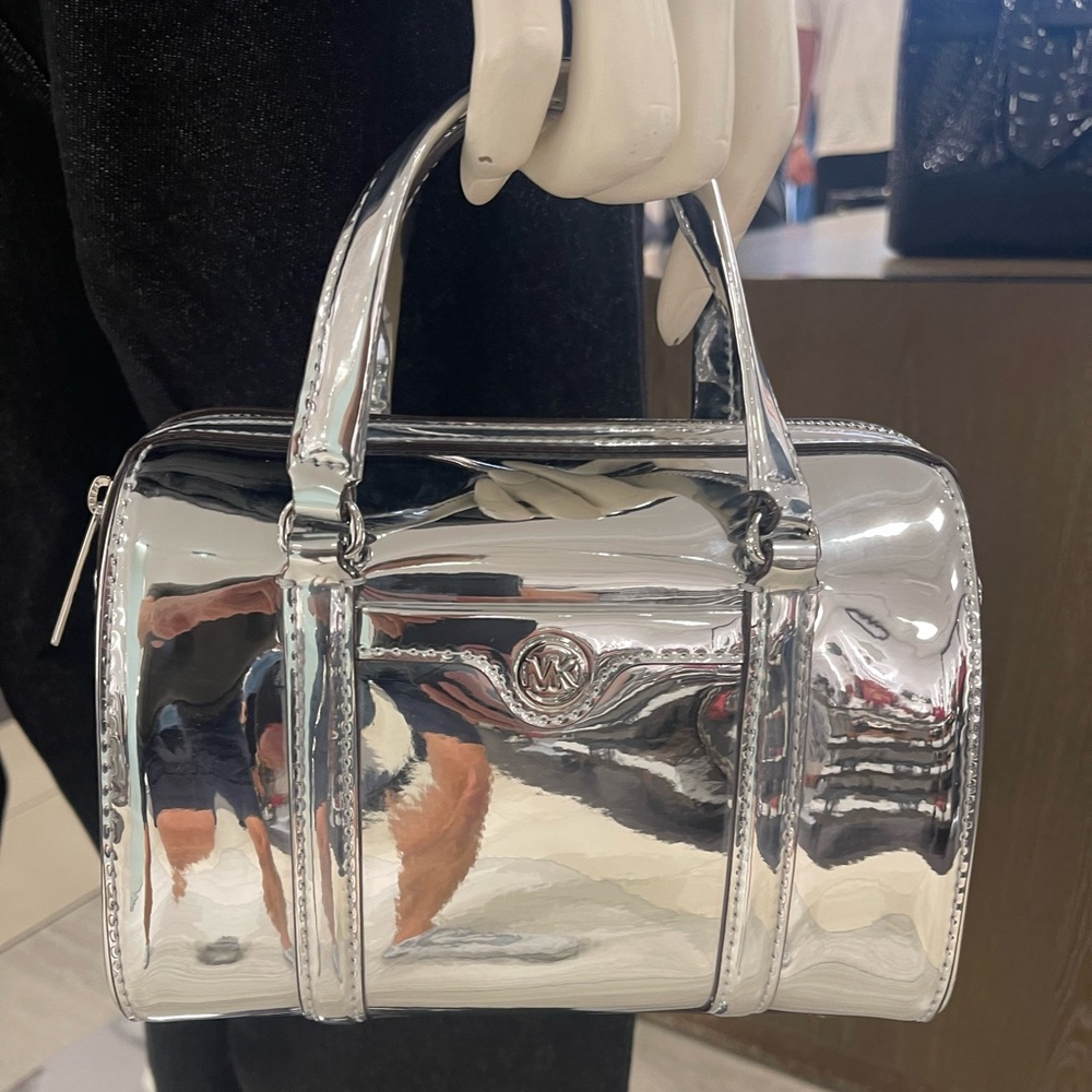 MICHAEL KORS Jet Set Small Patent Duffel Xbody Crossbody Bag
Silver 
NWT - Picture 7 of 16